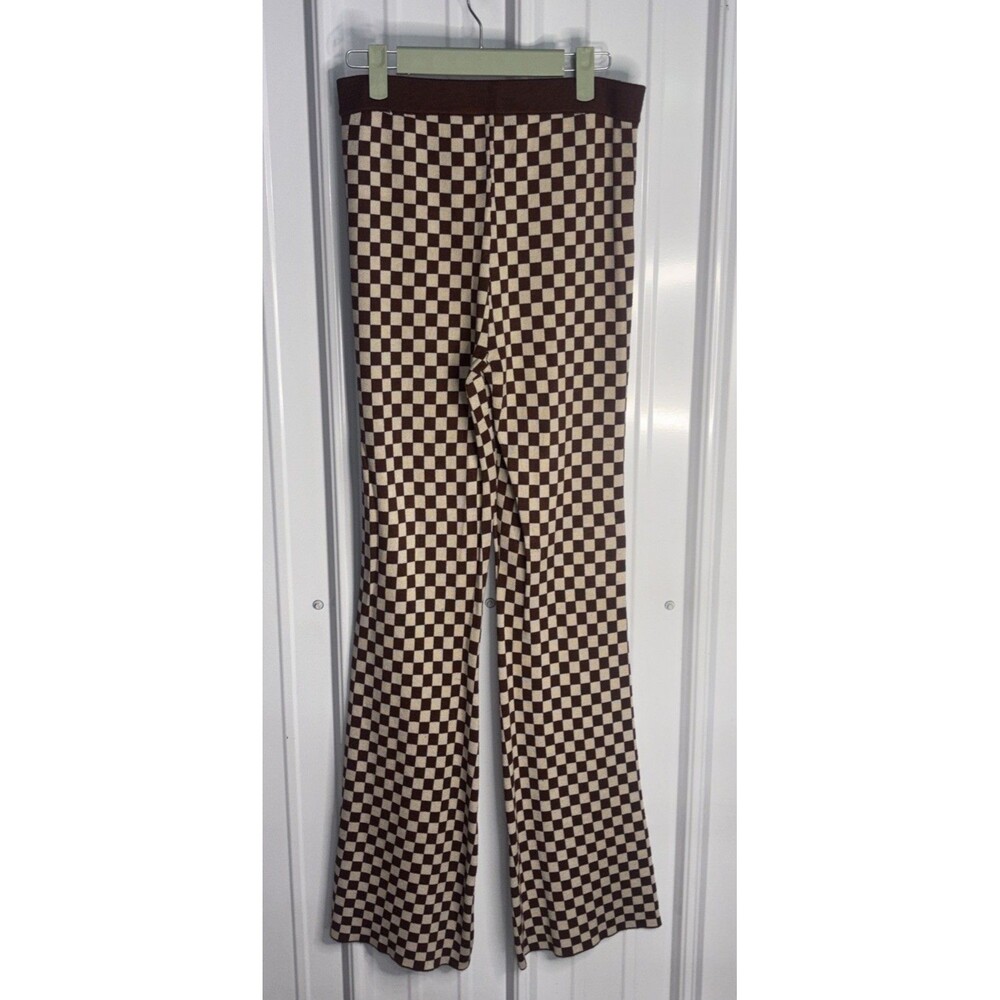 Emory Park High Waist Brown & Cream Knit Checkered Flare Leg Pants Size Med EUC